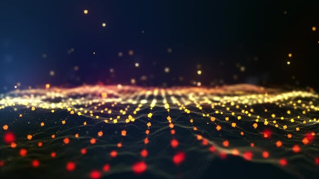 Glow brown gold color digital landscape with cube particle. Crypto currency, big data, block chain and digital technology concept. 3D Rendering.