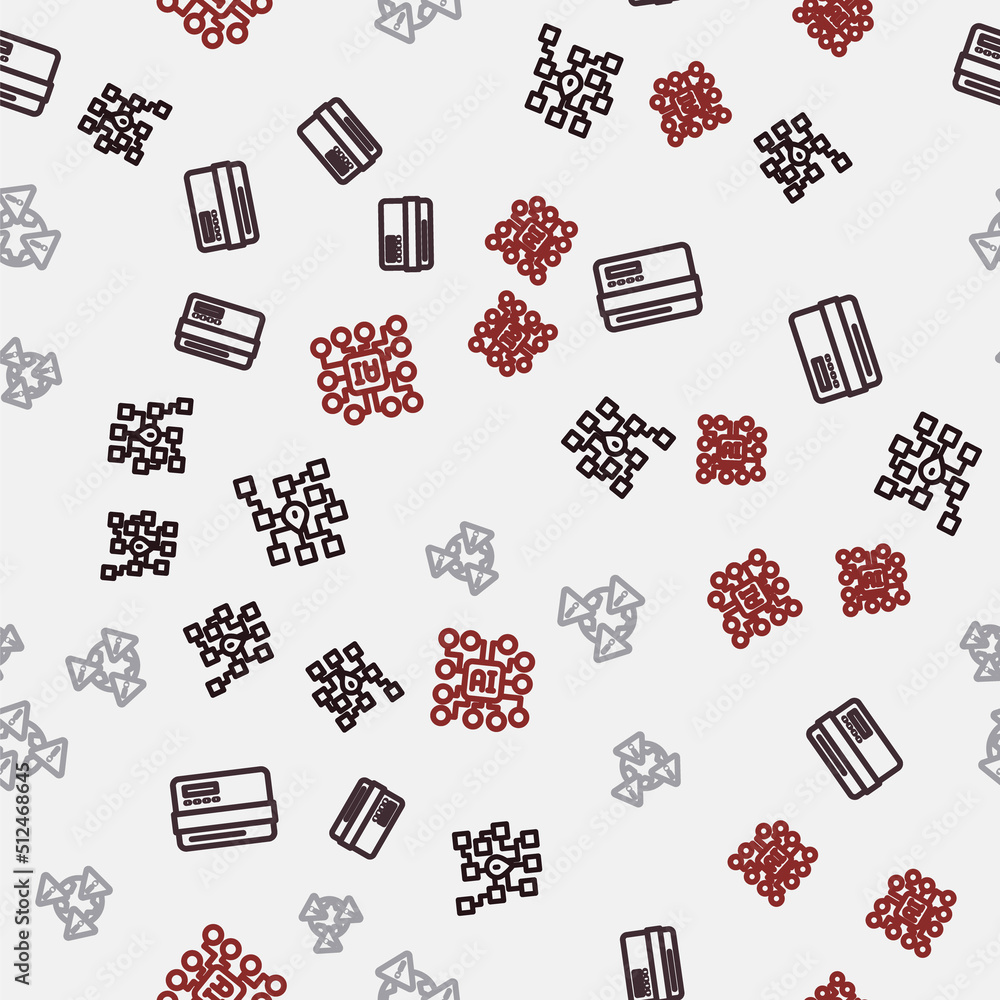 Poster set line neural network, credit card, earth with exclamation mark and on seamless pattern. vector