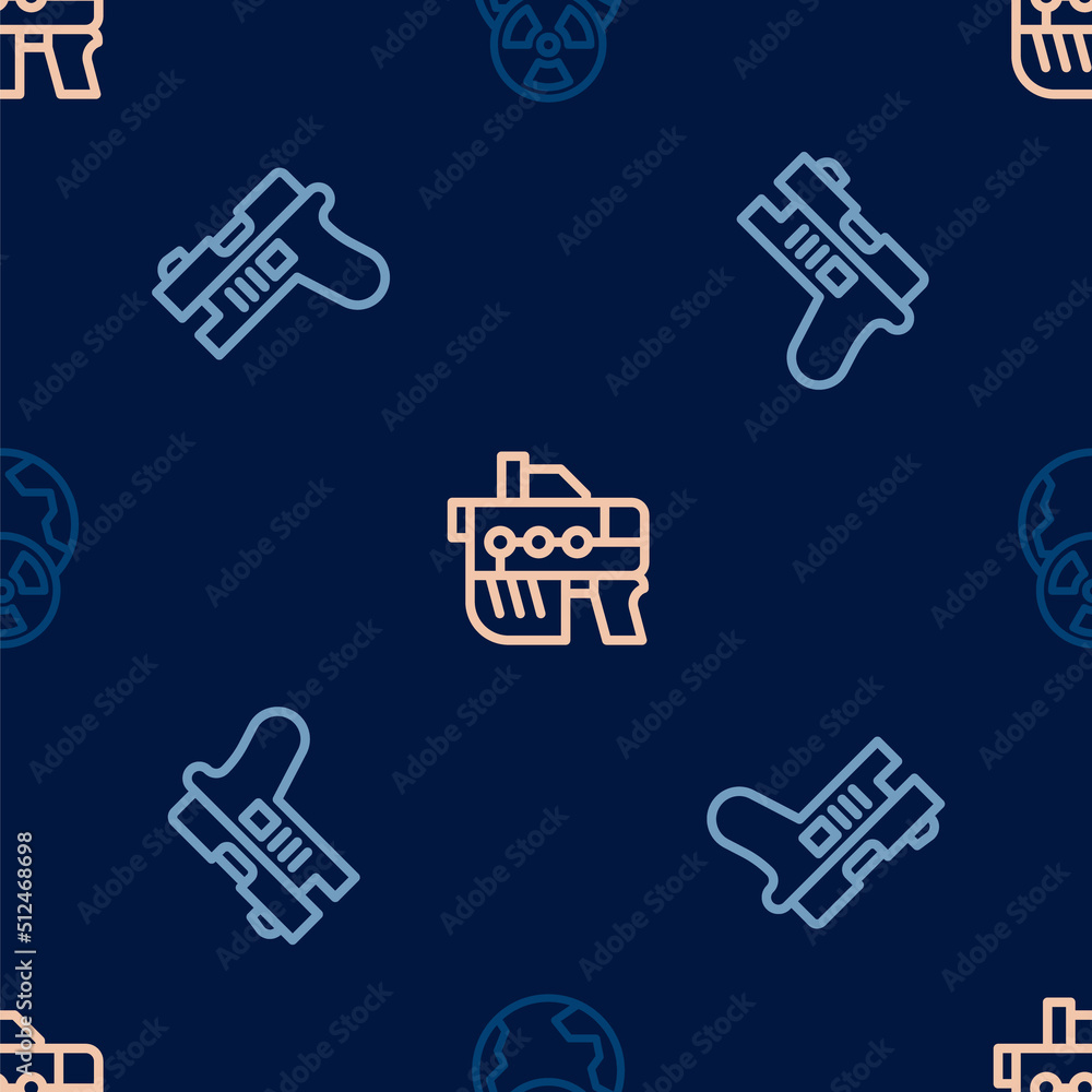 Poster Set line Planet earth and radiation, Futuristic weapon and on seamless pattern. Vector