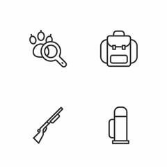 Set line Thermos container, Hunting gun, Paw search and Hiking backpack icon. Vector