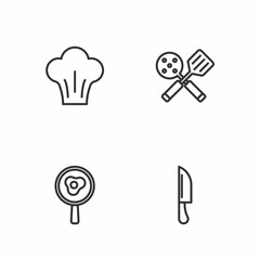 Set line Knife, Fried eggs on frying pan, Chef hat and Spatula icon. Vector