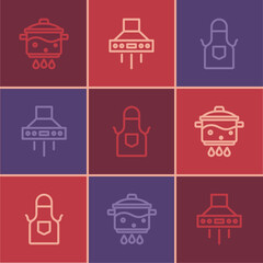 Set line Cooking pot on fire, Kitchen apron and extractor fan icon. Vector