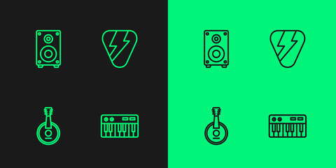 Set line Music synthesizer, Banjo, Stereo speaker and Guitar pick icon. Vector