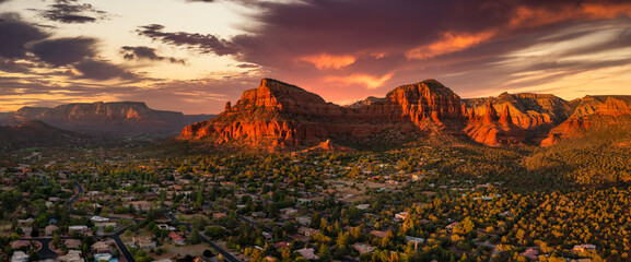 Sedona, Arizona USA. Aerial drone sunset panorama