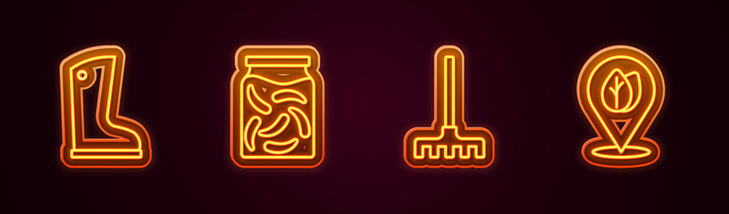 Set line Waterproof rubber boot, Pickled cucumbers in jar, Garden rake and Location with leaf. Glowing neon icon. Vector
