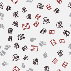 Set line Question and Answer, Graduation cap in speech bubble, Book donation and Online play video on seamless pattern. Vector
