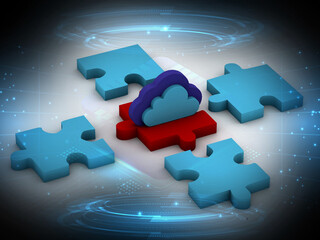Cloud computing devices, 3d render puzzle and cloud digital background 
