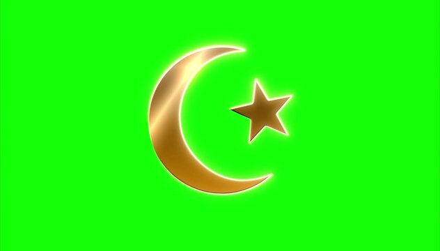 golden crescent and star, symbol of islam religion, animated with glitters on transparent green chroma key background - religion icon for Koran, and logo of Turkey
