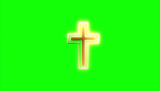 golden cross of christ symbol of christian religion, animated with glitters and sparkles on transparent green chroma key background - religion icon