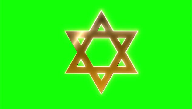 golden star of David with 6 points, symbol of the Jews, their religion and the State of Israel. Icon of Jewish religion animated with glitters on transparent green chroma key background and logo 