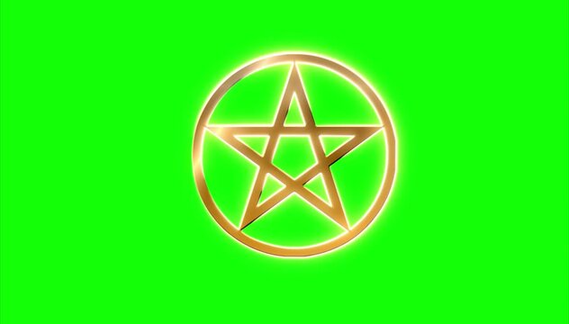 pentacle or pentagram, satanist symbol representing devil or wicca neopagan religion - glitter gold logo on green transparent chroma key background