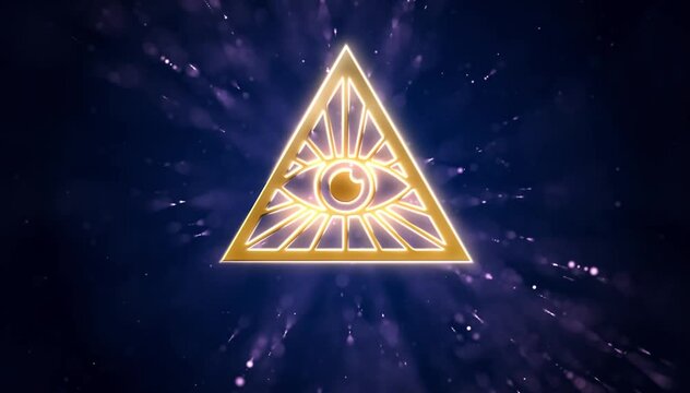 golden illuminati symbol with the eye of god inside a triangle, and animated stars background - shiny world power icon for conspiracy theories, secret groups and sects