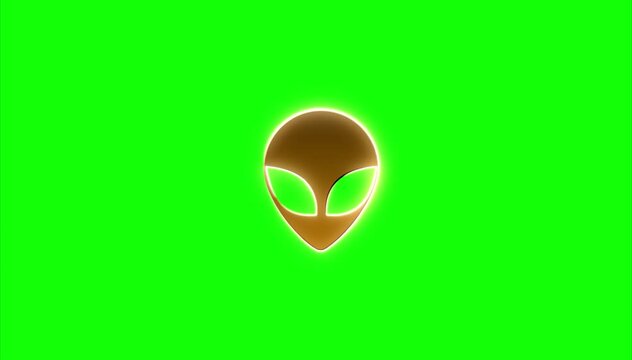 shiny gold alien icon, interstellar extraterrestrial fantasy symbol - glittering gold logo on green transparent chroma key background for abduction conspiracy theories, crop circles and sightings