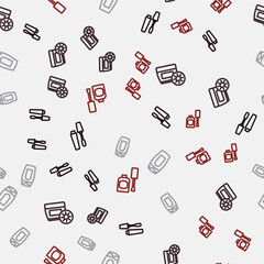 Set line Mascara brush, Sunscreen cream in tube, Bottle of shampoo and nail polish on seamless pattern. Vector