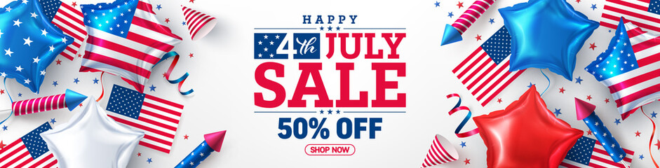 4 th of July poster.USA independence day celebration with American Star balloon. USA 4th of July promotion advertising banner template for Brochures,Poster or Banner.USA
