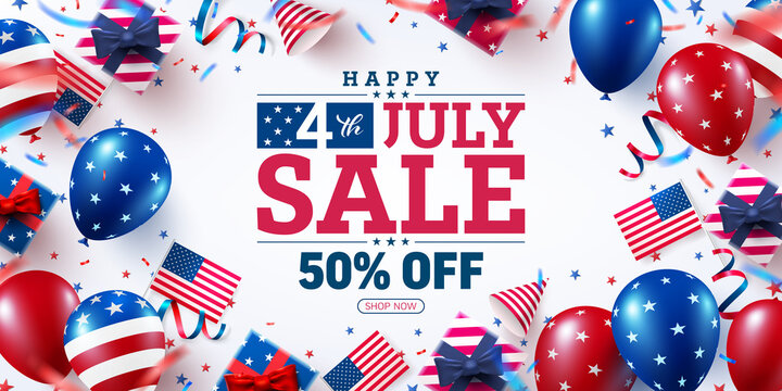 4 th of July Sale poster.USA independence day celebration with american balloons flag and party elements.USA 4th of July promotion advertising banner template for Brochures,Poster or Banner