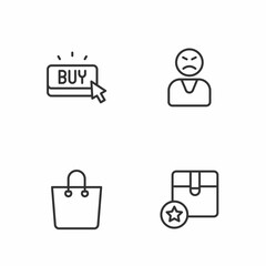 Set line Carton cardboard box, Paper shopping bag, Buy button and Angry customer icon. Vector