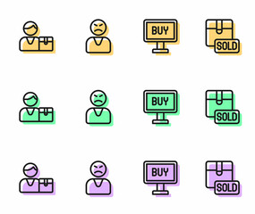 Set line Buy button, Buyer, Angry customer and Sold icon. Vector
