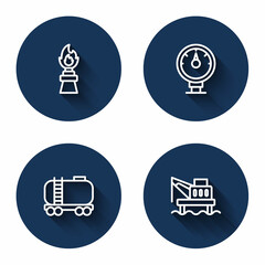 Set line Oil rig with fire, Motor gas gauge, railway cistern and platform in the sea with long shadow. Blue circle button. Vector