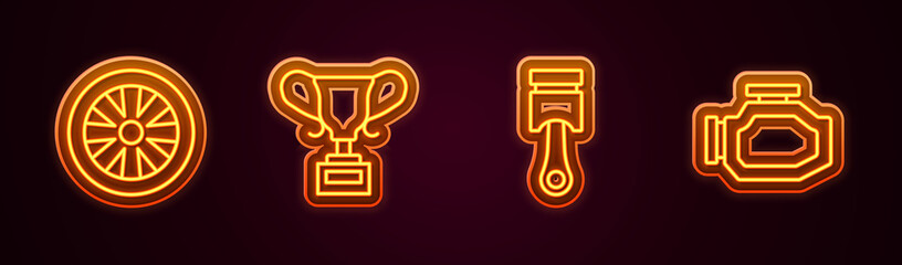 Set line Alloy wheel for car, Award cup, Engine piston and Check engine. Glowing neon icon. Vector