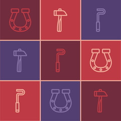 Set line Horseshoe, Fire poker and Hammer icon. Vector