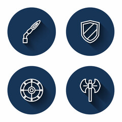 Set line Welding torch, Shield, Round shield and Medieval poleaxe with long shadow. Blue circle button. Vector