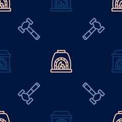 Set line Blacksmith oven, Hammer and on seamless pattern. Vector
