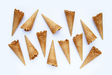 Empty ice cream cone on white background.