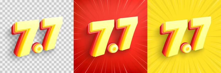 7.7 Shopping Poster or banner with with Number 7 on transparent,red and yellow background.7 July Sales banner template design for social media and website.Special Offer Flash Sale campai