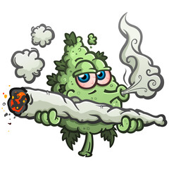 A marijuana bud cartoon character smoking a huge rolled joint and puffing smoke - 512472055