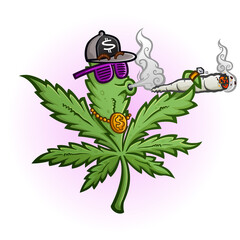 Urban style hip hop marijuana pot leaf cartoon character sporting swag and smoking a joint - 512472056