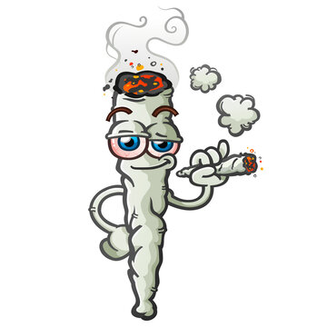 A large marijuana joint cartoon character smoking a small rolled doobie and puffing smoke