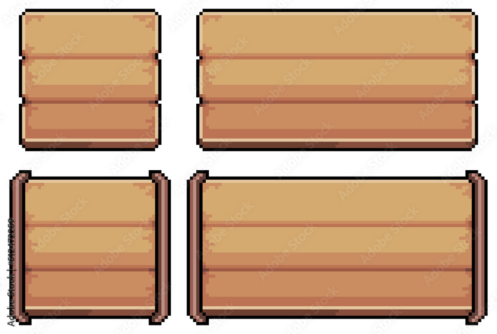Poster pixel art wood style button for game and app interface vector icon for 8bit game on white background