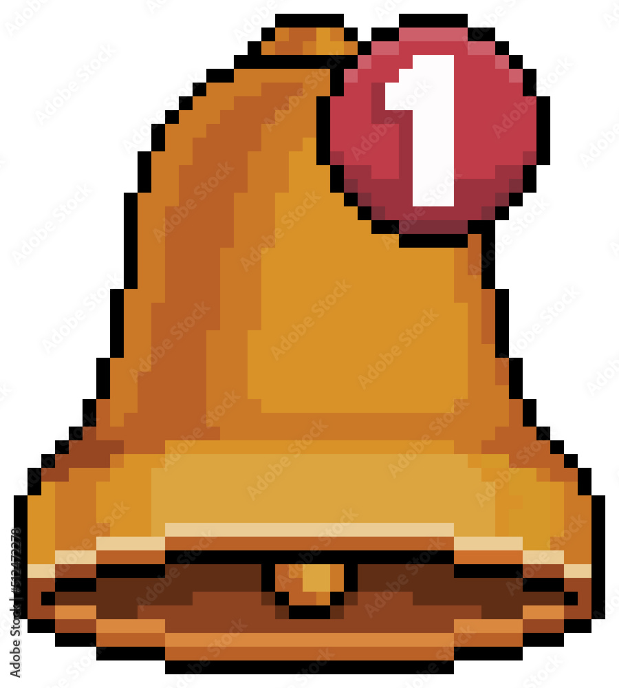 Poster pixel art bell with message notification vector icon for 8bit game on white background