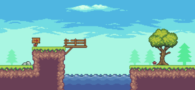 Pixel art arcade game scene with tree, lake, bridge, wooden board, and clouds 8 bit vector background