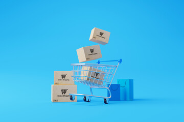 Online shopping concept. Web or mobile application ecommerce. Carton paper box with shopping cart and shopping bag on blue background. 3d rendering - obrazy, fototapety, plakaty