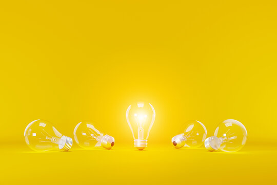 Light bulb bright outstanding among lightbulb on yellow background. Concept of creative idea and innovation, Unique, Think different, Individual and standing out from the crowd. 3d illustration