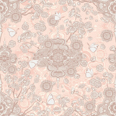 VECTOR SEAMLESS PATTERN spring blossom wedding damask chinoiserie in pretty vintage pastel pinks. high end luxury illustration detailed artwork. repeating surface design with washi paper texture 