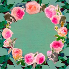 ピンクとオレンジ色のバラのピエールドロンサールのフラワーリースと金粉の水彩画手描きイラストと落ち葉が舞うライトグリーン色の背景	
