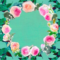ピンクとオレンジ色のバラのピエールドロンサールのフラワーリースと金粉の水彩画手描きイラストと落ち葉が舞うライトグリーン色の背景	
