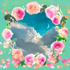 Fototapeta na wymiar ピエールドロンサールの薔薇のフラワーリース手描き水彩画と青く美しい雲海と三日月の背景イラスト