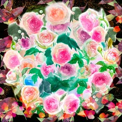 ピンクとオレンジ色のバラのピエールドロンサールの花束と金粉の水彩画手描きイラストと落ち葉が舞う黒背景	

