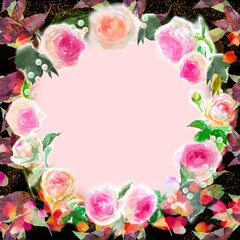 ピンクとオレンジ色のバラのピエールドロンサールのフラワーリースと金粉の水彩画手描きイラストと落ち葉が舞う黒背景	
