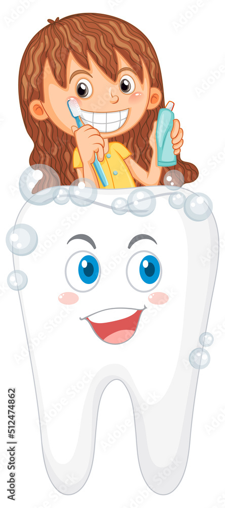 Poster Cute girl cartoon character brushing teeth