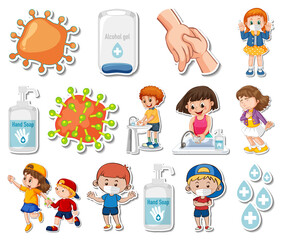 Sticker set of covid19 icons and cartoon characters