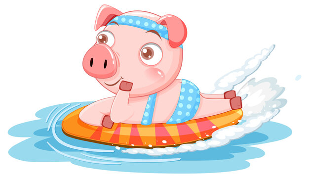 Cute pig cartoon character wearing bikini surfing