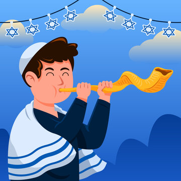 Young Jewish Boy Blowing Shofar