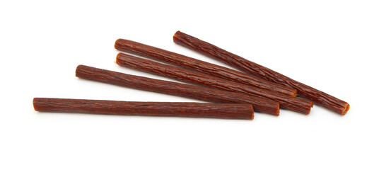 Smoked thin sausages, isolated on white