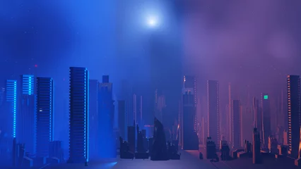 Fototapeten 3D-Darstellung von Cyber Night City Landschaftskonzept. Licht, das auf dunkler Szene leuchtet. Nachtleben. Technologienetzwerk für 5g. Jenseits der Generation und futuristisch der Sci-Fi Hauptstadt und Bauszene. © TANATPON