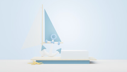 3d render Summer sale podium stand for showing product. Beach Vacations Scene in Summer for mock up.